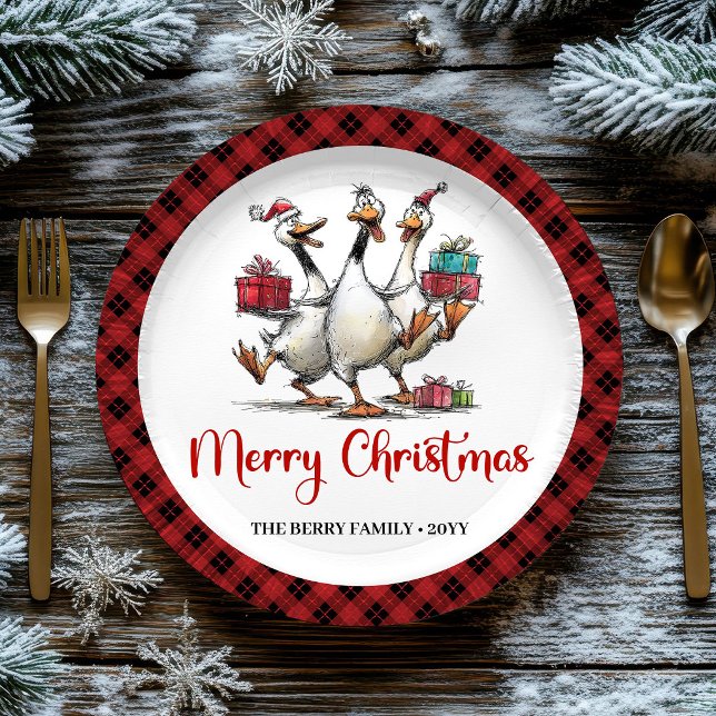 Pratos de festa de Natal Silvestres Gansos Alegres (Christmas Silly Geese Playful Whimsy Party Plates)