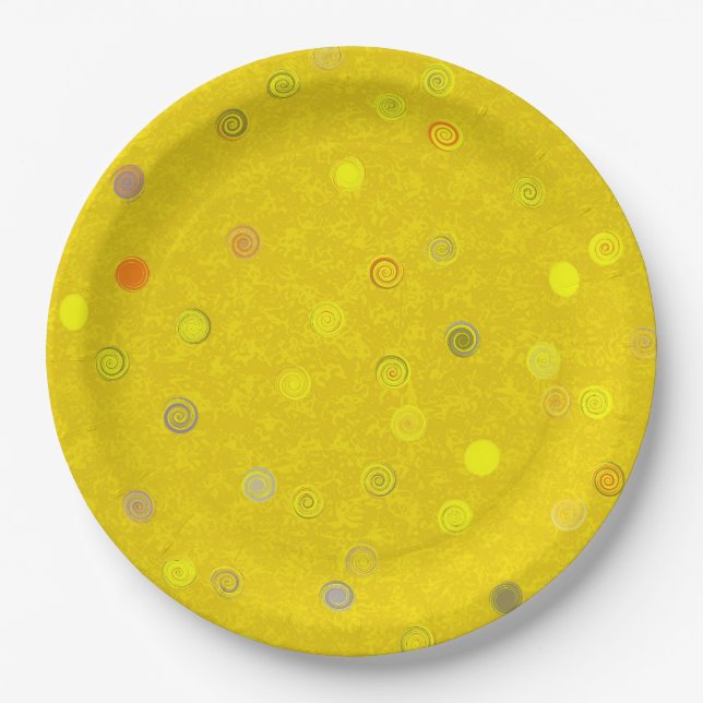 Pratos de festa de papel amarelo com espirais de b (Frente)