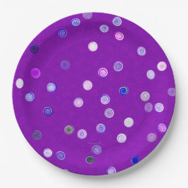 Pratos de festa de papel roxo com espirais de boli