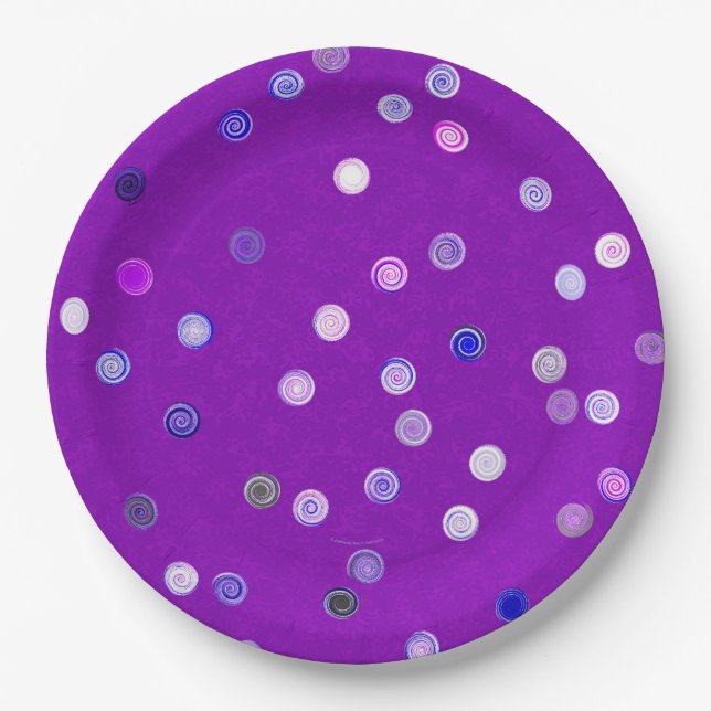 Pratos de festa de papel roxo com espirais de boli (Frente)