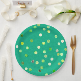 Pratos de festa de papel verde com espirais de bol