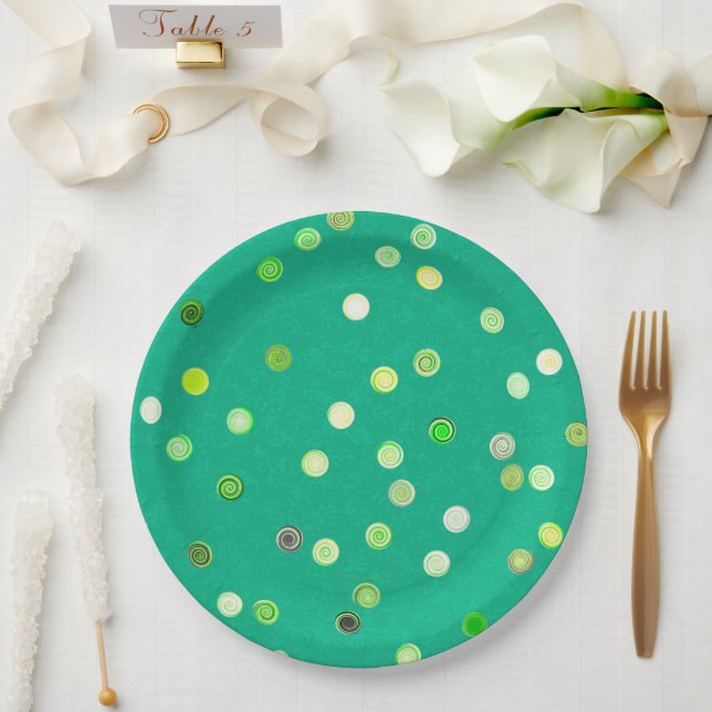 Pratos de festa de papel verde com espirais de bol (Casamento)