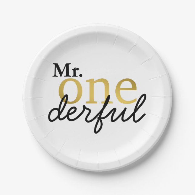 Pratos de festa preto e dourado do Sr. Onederful (Frente)