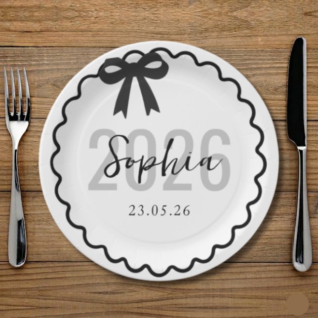 Pratos de Formatura Chic Black Bow Turma de 2026 (Criador carregado)