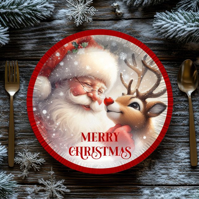 Pratos de Natal de Papelão com Desenho Animado do  (Playful Santa Rudolph Cartoon Christmas Plates)