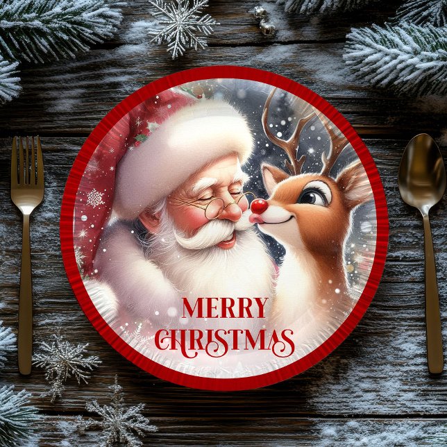 Pratos de Natal engraçados para crianças com Papai (Funny Cartoon Santa Rudolph Kids Christmas Plates)
