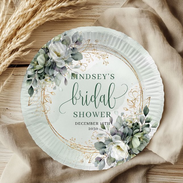 Pratos de Papel Água e Verde Poeirento para Chá de (Watercolor Dusty Green Bridal Shower Paper Plates)