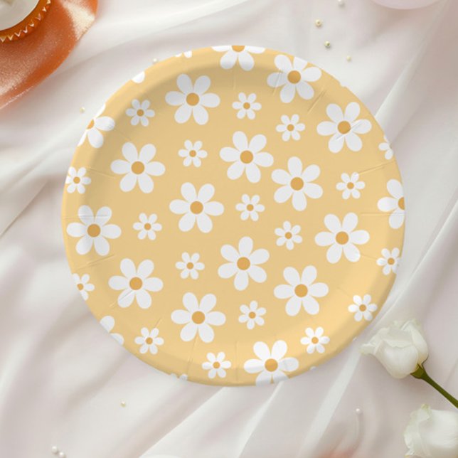 Pratos de papel amarelos Groovy Retro Daisy (Criador carregado)