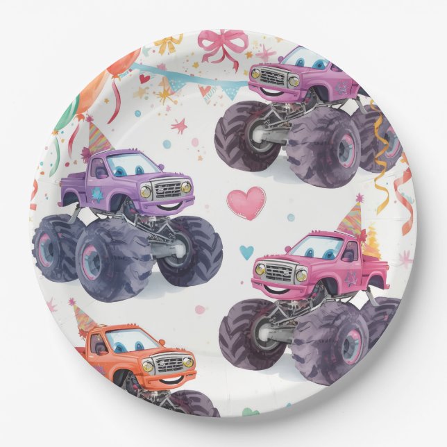 Pratos de Papel Aniversário Meninas Caminhão Monst (Frente)