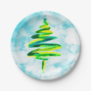 Pratos de papel aquarela Árvore de Natal Azul