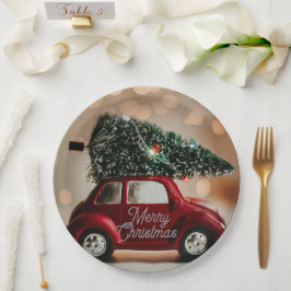 Pratos de Papel Árvore de Natal em Carro Antigo