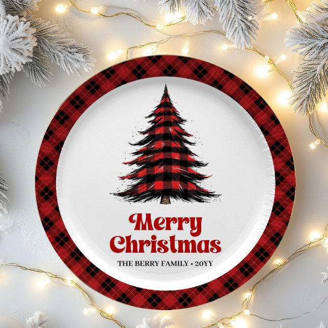 Pratos de Papel Árvore Xadrez Búfalo Rústico (Rustic Buffalo Plaid Tree Holiday Paper Plates)
