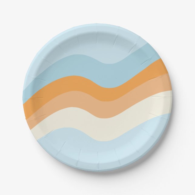 Pratos de papel azul laranja Groovy Retro Vibes (Frente)