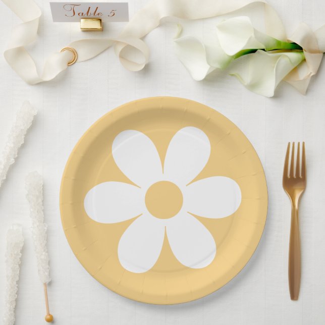 Pratos de papel boho amarelo margarida retrô (Casamento)