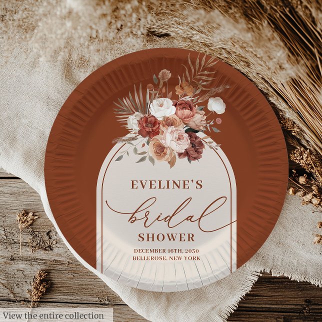 Pratos de Papel Boho de Grama das Pampas de Terrac (Elegant Terracotta Pampas Grass Boho Paper Plates)