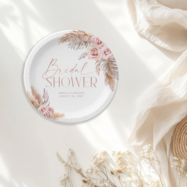 Pratos de Papel Boho Floral Pampas Dourado Rosa (Criador carregado)