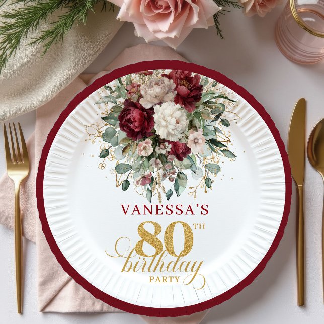 Pratos de Papel Boho Marrom Floral Dourado Anivers (Boho Maroon Floral Gold 80th Birthday Paper Plates)