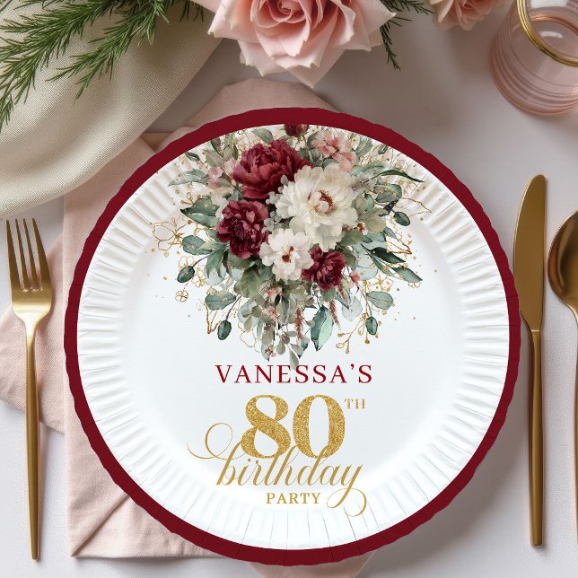 Pratos de Papel Boho Marsala Floral 80º Aniversári (Boho Marsala Floral 80th Birthday Paper Plates)