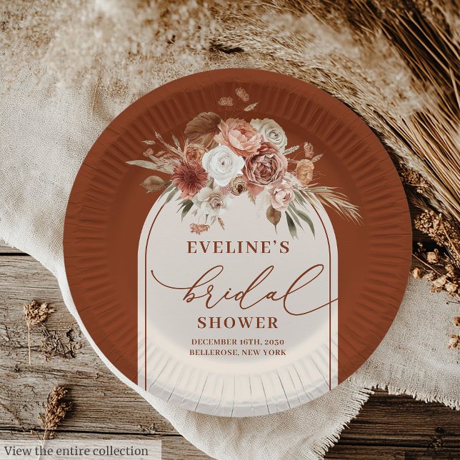 Pratos de Papel Boho Noivas Grama das Pampas Cobre (Chic Copper Pampas Grass Boho Bridal Paper Plates)