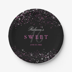 Pratos de papel brilhantes Sweet 16 Black Pink