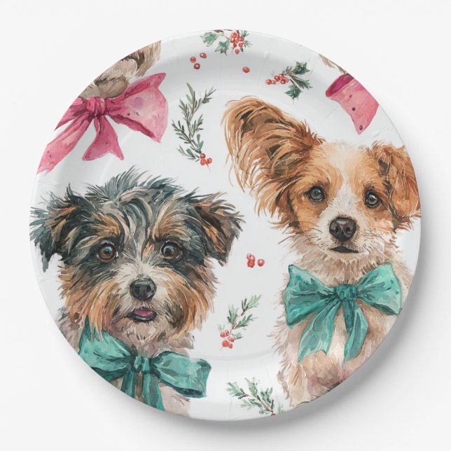 Pratos de Papel Cães de Natal Festivos (Frente)