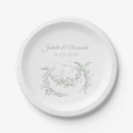 Pratos de Papel Casamento Sage Gray Toile de Jouy