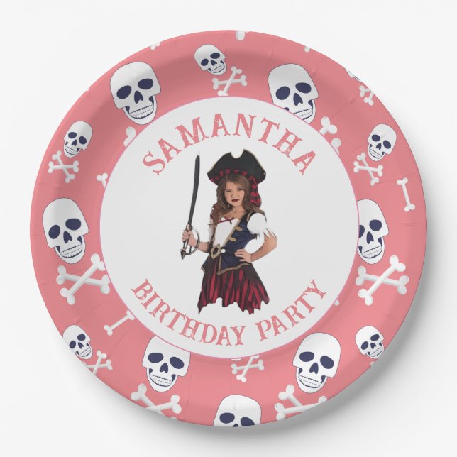Pratos de Papel Caveiras de Menina PINK Pirata (Frente)