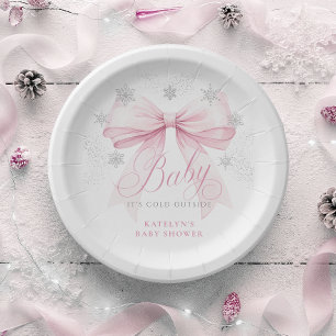 Pratos de Papel Chás de Bebê Inverno com Laço Rosa