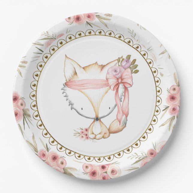Pratos de Papel Chave de Bebê Raposa Menina (Frente)