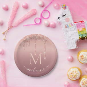 Pratos de Papel com Brilho em Rosa Dourado Letra N