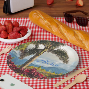 PRATOS DE PAPEL COM CENA TROPICAL/ALOHA