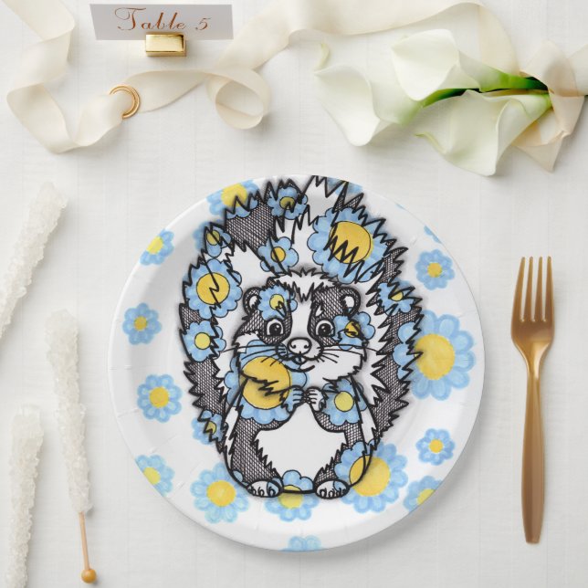 Pratos de Papel com Florais Azuis e Gambá Fofo (Casamento)