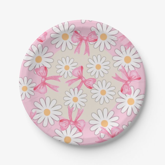 Pratos de Papel com Laço de Flor de Margarida 7" P (Frente)