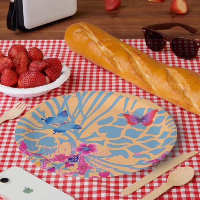 Pratos de Papel com Lindo Padrão Floral de Borbole (Piquenique)
