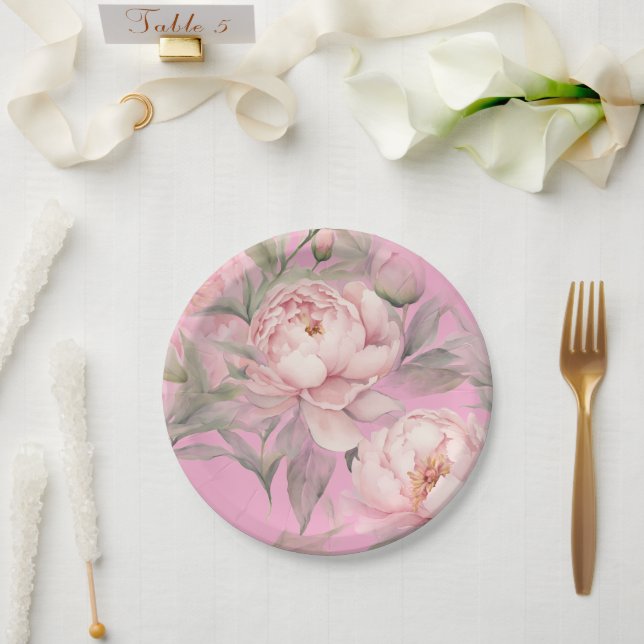 Pratos de Papel com Peônias Rosas (Casamento)