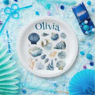 Pratos de Papel Concha Azul Nome Personalizado
