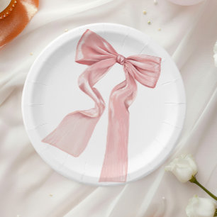 Pratos de Papel Coquette com Laço Rosa Elegante