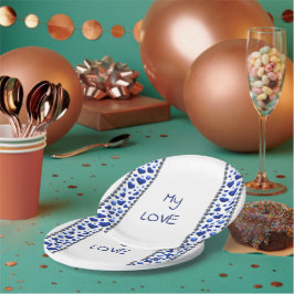 Pratos de papel coração com glitter azul