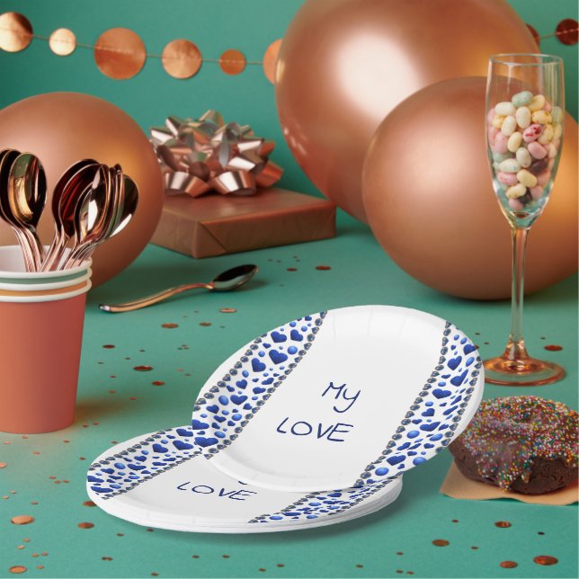 Pratos de papel coração com glitter azul (Múltiplo)