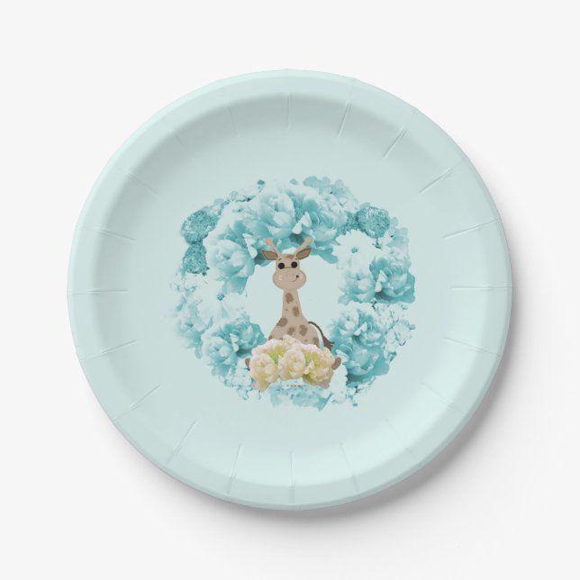 Pratos de Papel Coroa Floral Girafa Aqua (Frente)