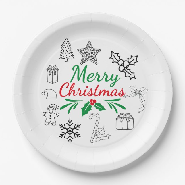 Pratos de papel Cute Christmas Doodles (Frente)