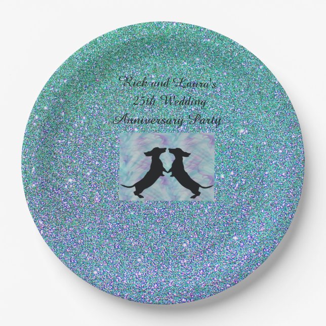 Pratos de Papel Dachshund com Glitter Ombre Aqua R (Frente)