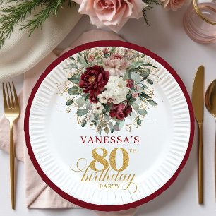 Pratos de Papel de Aniversário de 80 Anos Floral B
