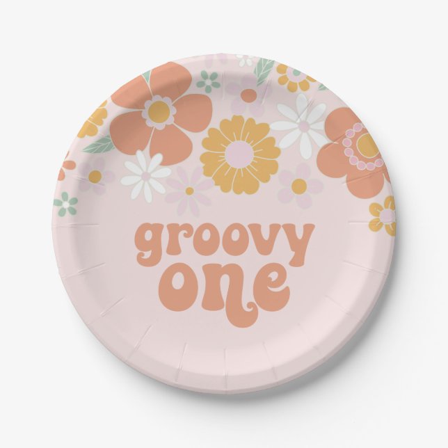 Pratos de papel de aniversário Groovy One Retro Fl (Frente)