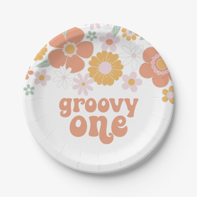 Pratos de papel de aniversário Groovy One Retro Fl (Frente)
