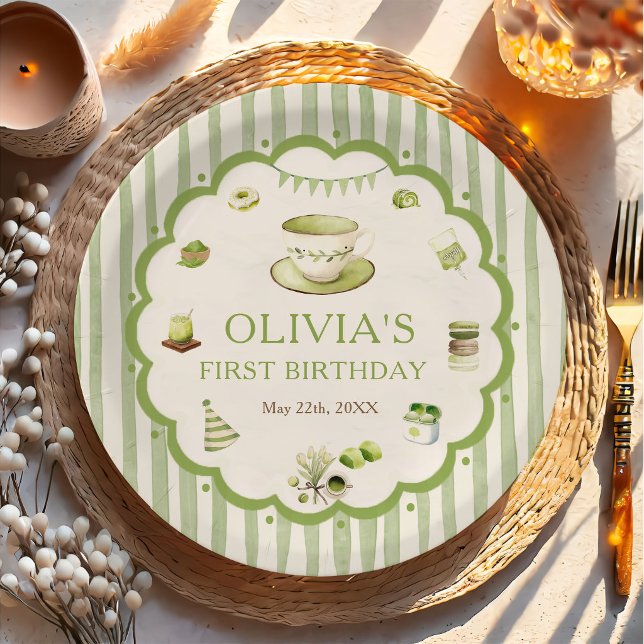 Pratos de Papel de Aniversário Listras de Matcha V (Criador carregado)