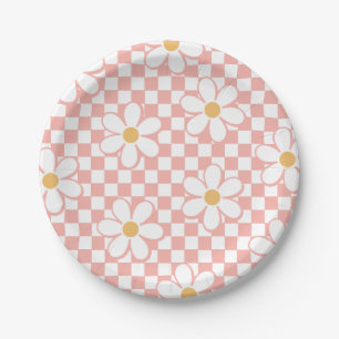 Pratos de papel de aniversário Pink Retro Checker 