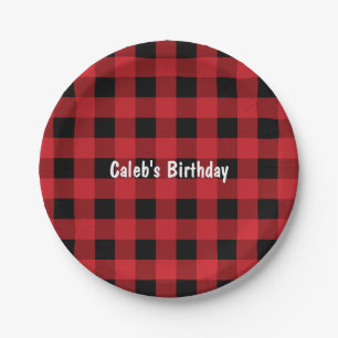 Pratos de Papel de Aniversário Xadrez Plaid Vermel