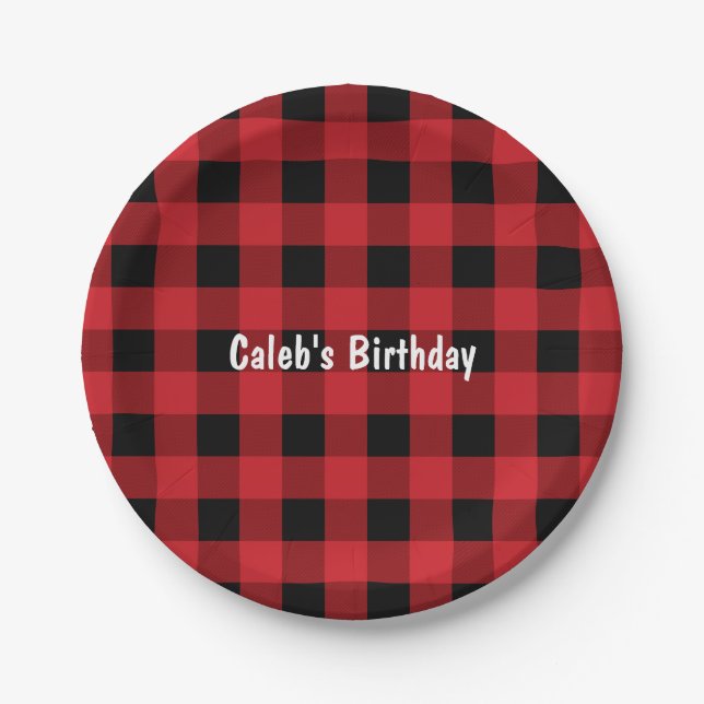 Pratos de Papel de Aniversário Xadrez Plaid Vermel (Frente)