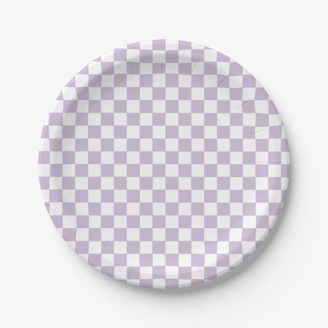 pratos de papel de aniversário xadrez retrô roxo (Frente)